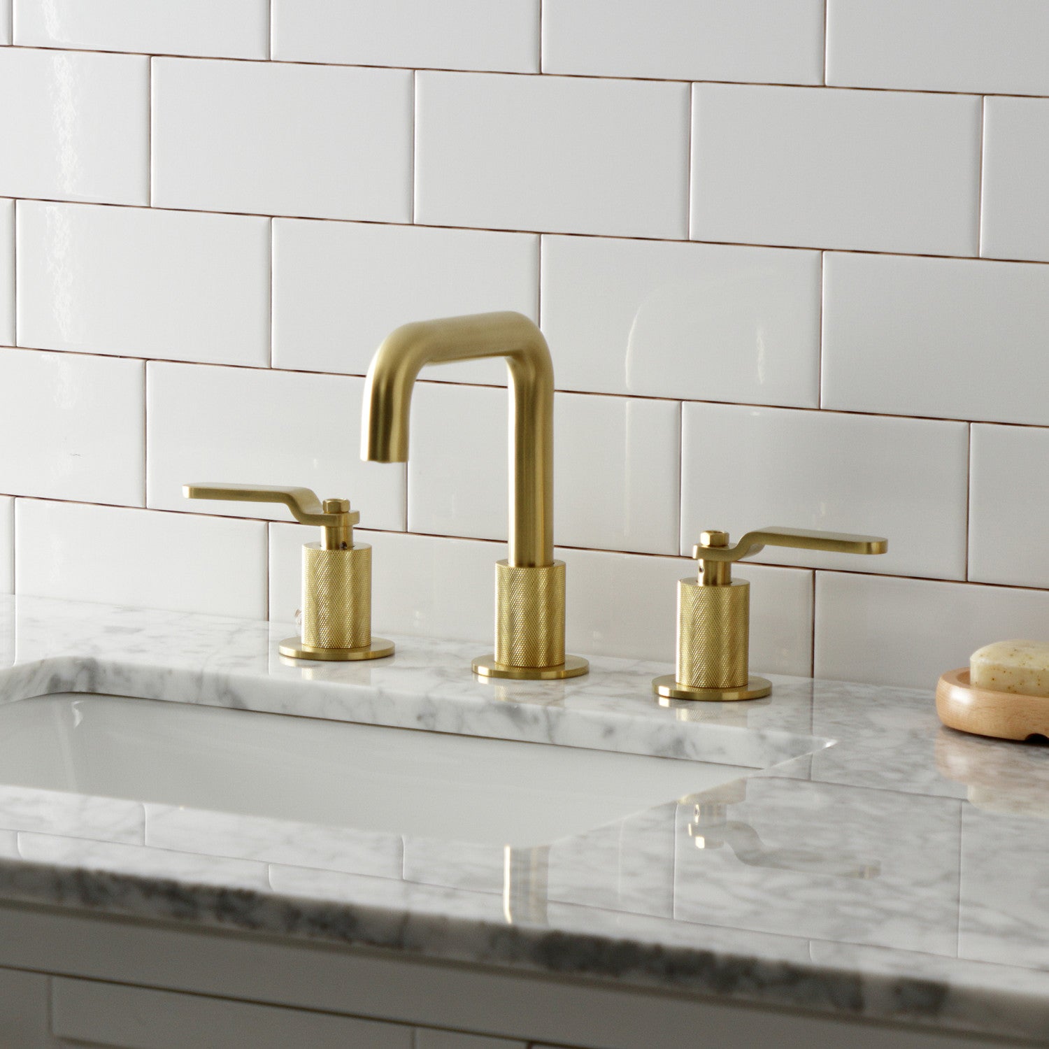 Kingston Sona KS1417KL - Whitaker Two-Handle 3-Hole Deck Mount Widespread Bathroom Faucet with Push Pop-Up Drain, Brushed Brass — thumbnail 2